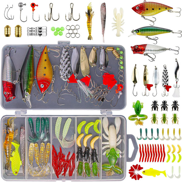 Fishing Lures Kit for Freshwater Bait Tackle Kit for Bass Trout Salmon Fishing Accessories Tackle Box Including Spoon Lures Soft Plastic Worms Crankbait Jigs Fishing Hooks