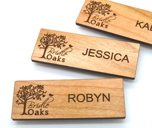 Wooden Name Badges 3x1.125 Inches - Laser engraved , with magnetic holder - Use our Designer tool
