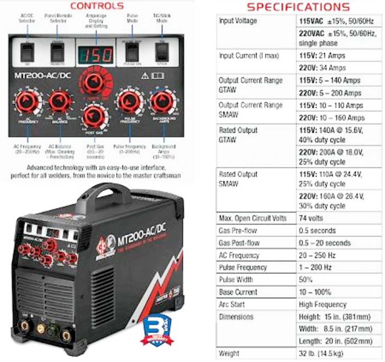 MT200 MasterTIG 200 AC/DC TIG System CK Worldwide "FREE Shipping"