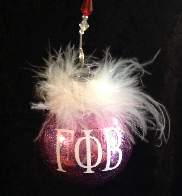 Gamma Phi Beta glittered glass ornament