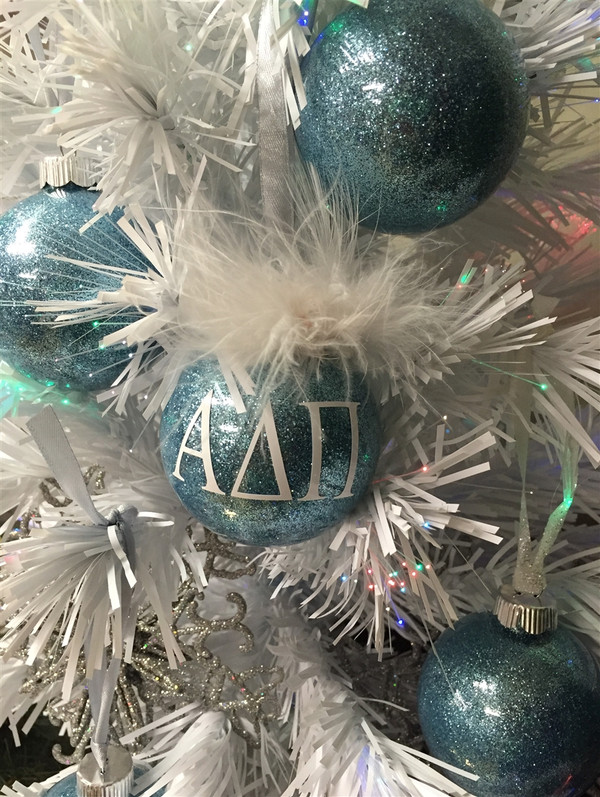 Alpha Delta Pi glittered glass ornament