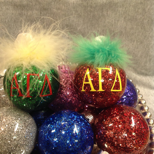 Alpha Gamma Delta glittered glass ornament
