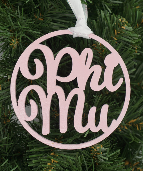 Phi Mu laser cut wooden ornament