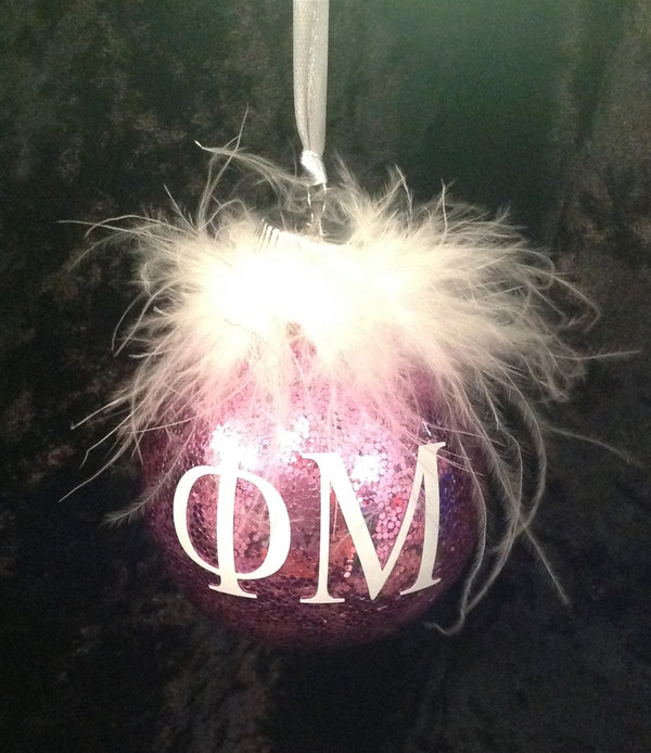 Phi Mu glittered glass ornament