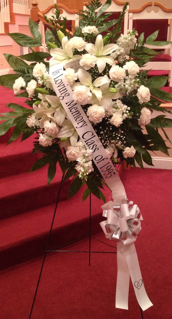 Sympathy spray all white with remembrance ribbon