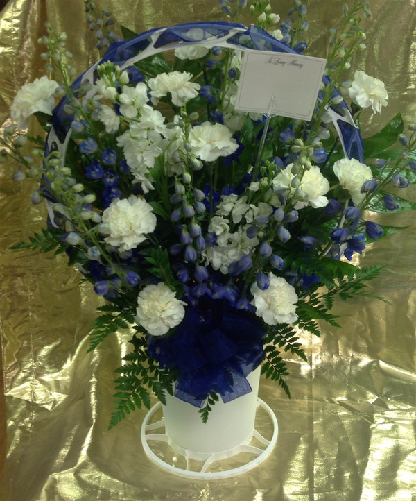 Sympathy basket carnations/delphinium