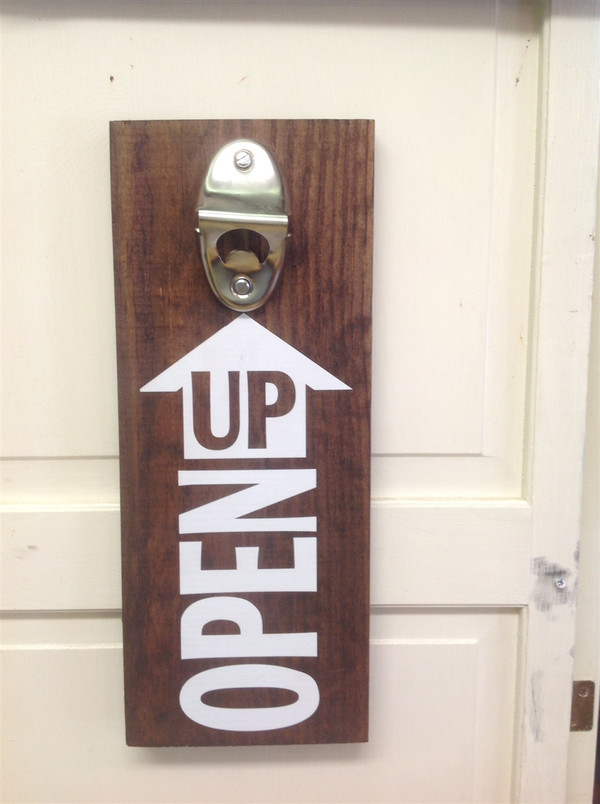 Open Up bottle opener wooden sign