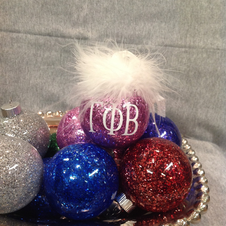 Gamma Phi Beta glittered glass ornament