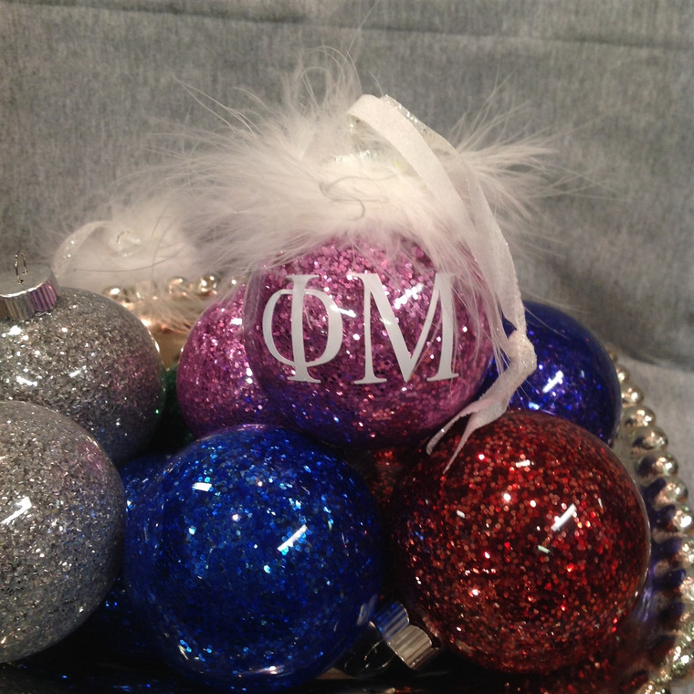 Phi Mu glittered glass ornament