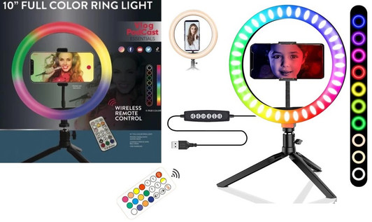 Vivitar 10" Full Color RGB Ring Light Compact Tripod with USB Powered, Wireless Remote, Ball Head