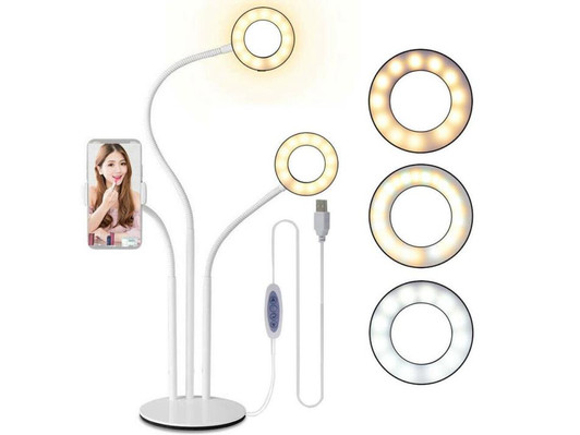 Vivitar White 3 in 1 Desktop Stand with 2 Ring light and Phone Holder