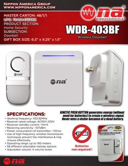 NA Wireless Door Bell Battery Free with 3 Grade volume adjustment & 25 selectable tones