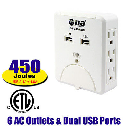 NA 6 Wall Power Outlet with 2 USB Charging Port