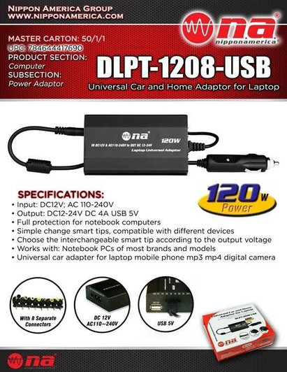 NA Universal Car & Home Laptop Power Adapter with USB Charger 120 Watts