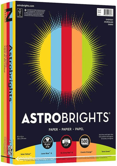 Astrobrights Color Paper 8.5" x 11" 24LB / 89 GSM 5 Bright Colors 500 sheets