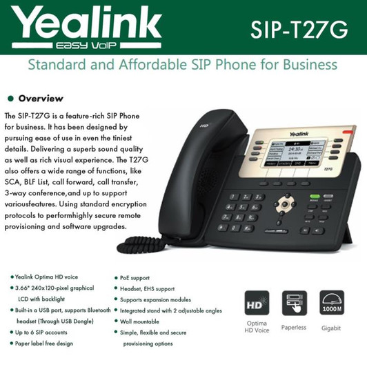 Yealink 6 Lines IP Phone, 3.66-Inch Display. USB 2.0, Dual-Port Gigabit Ethernet