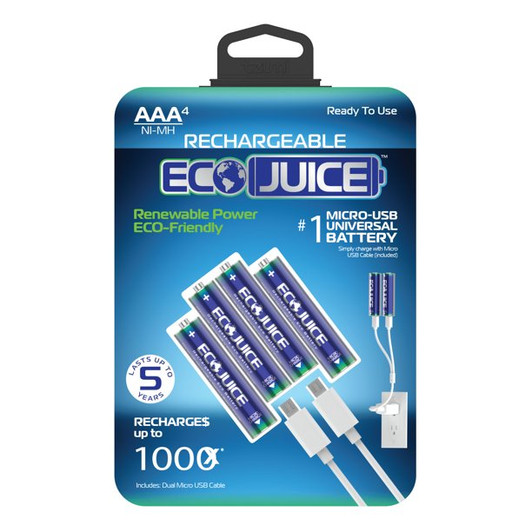 Tzumi EcoJuice Rechargeable AAA Micro-USB Universal Battery, 4 pack