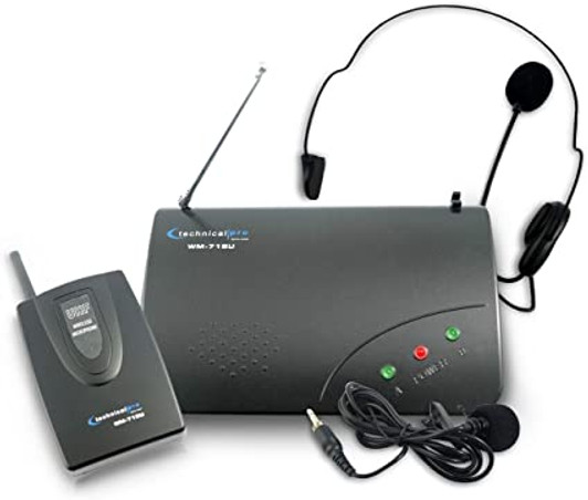 Technical Pro Single Wireless Microphone System with 2 Microphones - One Headset and One Clip-On Microphone (Only one mic can be used at the same time)