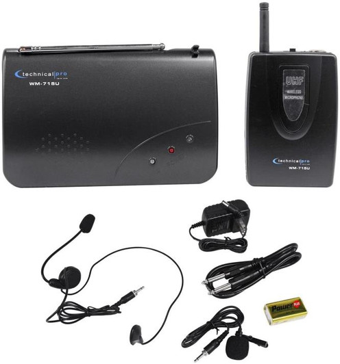 Technical Pro Single Wireless Microphone System with 2 Microphones - One Headset and One Clip-On Microphone (Only one mic can be used at the same time)