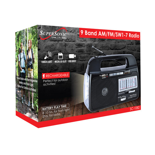 Supersonic 9 Band AM FM Portable Rechargeable Radio Compatible with USB & SD Card Slot
