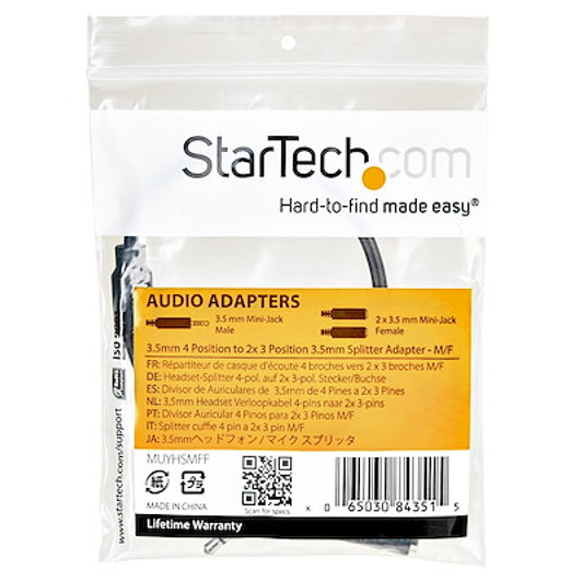 StarTech Headset Adapter, Microphone and Headphone Splitter 3.5mm Male Aux to 3.5mm Female Audio & Mic Combo Jack Y Cable