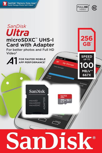 SanDisk 256GB Ultra microSDXC UHS-I Memory Card with Adapter - 100MB/s, C10, U1, Full HD, A1, Micro SD Card SanDisk 256GB Ultra microSDXC UHS-I Memory Card with Adapter - 100MB/s, C10, U1, Full HD, A1, Micro SD Card