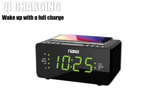 Naxa  Dual Alarm Clock with QI Wireless Charging Function for Smartphones/iPod/iPhone/Tablets, LED Display, Black