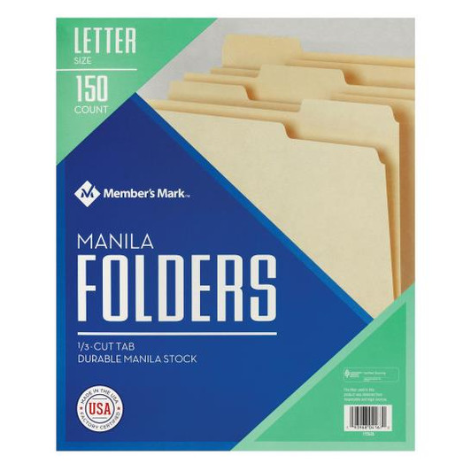 Members Mark 150 pack Letter size Manila File Folder 1/3 cut Tab