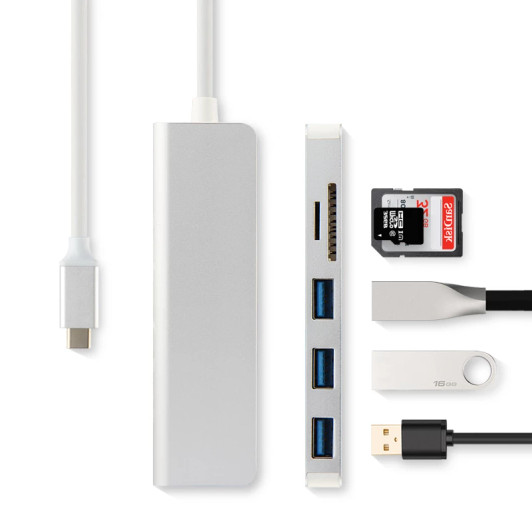 USB C to 3 Port USB 3.0 Hub with Card reader