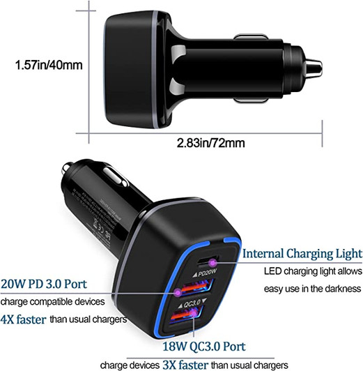 Fast Car Charger 7A with USB C & Dual USB Port