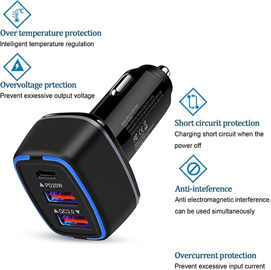 Fast Car Charger 7A with USB C & Dual USB Port