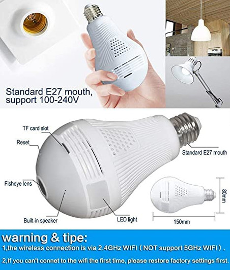 Fisheye 1080P WIFI hidden Smart Spy Camera Bulb app enabled