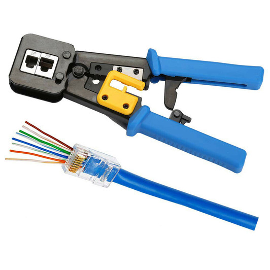 EZ Crimping tool RJ45 $ RJ11 - 12  cat5e cat6 cat7 connector end pass through crimp with cutter EZ Crimping tool RJ45 $ RJ11 - 12  cat5e cat6 cat7 connector end pass through crimp with cutter