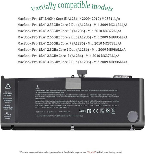MacBook Pro 15" inch A1286 Battery for 2009 To 2010 MB985LL/A MC118LL/A MC371LL/A