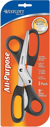 Westcott All Purpose Value Scissors, 8" Bent, Pack of 3, Black