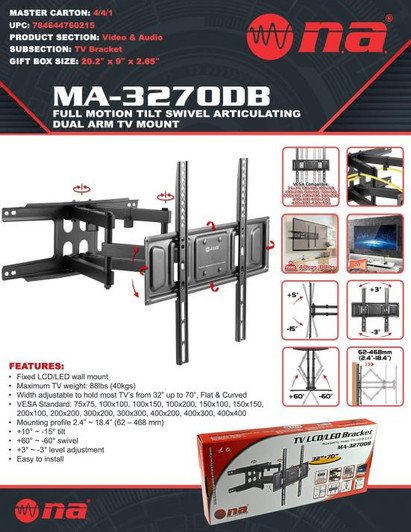 NA Tilt and Swivel Dual Arm Wall Mount TV Bracket for size 32" - 70" NA Tilt and Swivel Dual Arm Wall Mount TV Bracket for size 32" - 70"