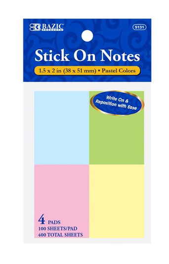 Bazic Stick On Notes 1.5" X 2" 100 Sheets per color 4 Pack
