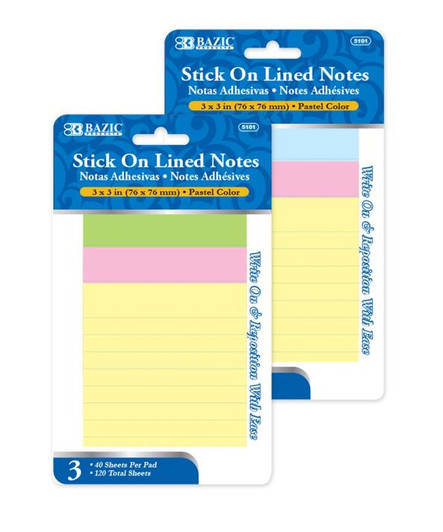 Bazic Lined Stick On Notes 3" X 3" 40 Sheets per color 3 Pack