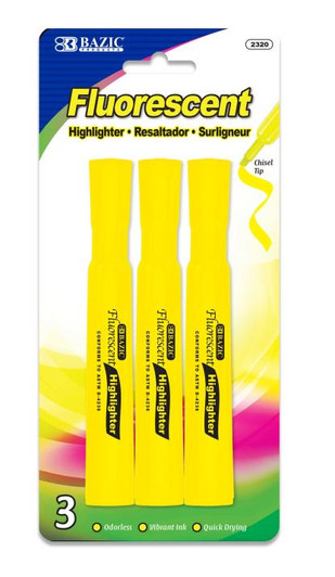 Bazic Desk Style Fluorescent Highlighters Yellow 3 Pcs