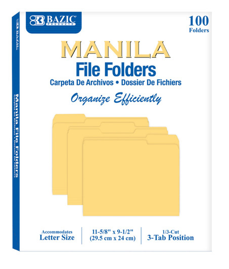 BAZIC 1/3 Cut Letter Size Manila File Folder, 100PK