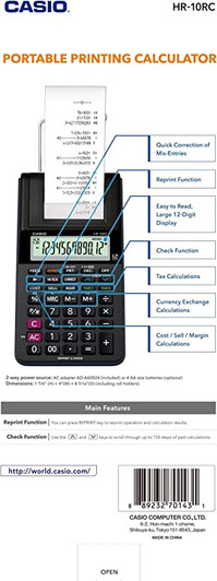 Casio HR-10RC Printing Calculator, 12-Digit Display, Black