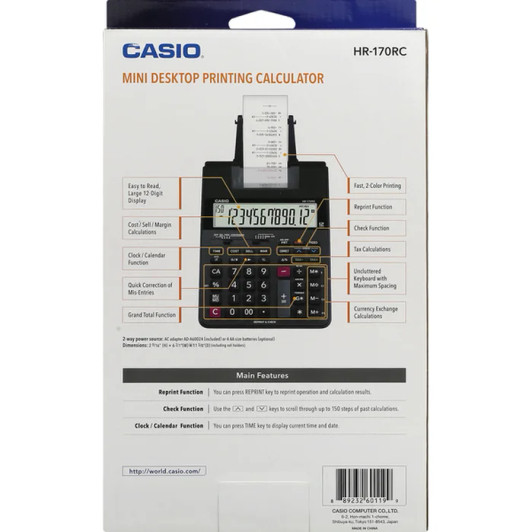 Casio HR-170RC Printing Calculator, 2-Color 12-Digit Display, with power adapter