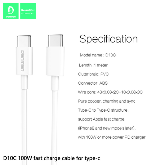 Denmen White Type C to Type C 100W Cable