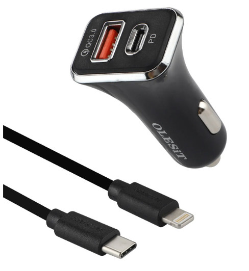 Olesit Black Dual Port Type C & USB A 18W Quick Car Charger