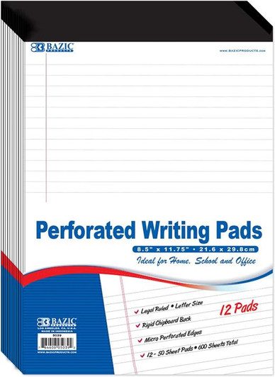 BAZIC 50 Ct. 8.5"x11.75" White Perforated Writing Pad 12 Pack