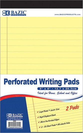 BAZIC 2 PK 50 Sheets 5x8" Canary Jr. Perforated Writing Pad