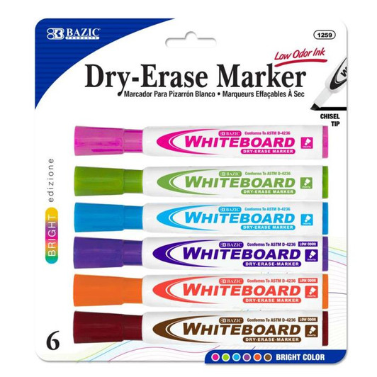 BAZIC 6 Pack Bright Colors Chisel Tip Dry-Erase Markers