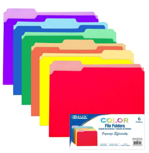 BAZIC 6 Pack 1/3 Cut Letter Size Color File Folder