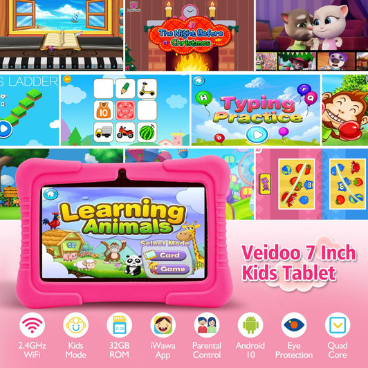Veidoo 7" 32GB Android Kids Tablet with 2GB RAM, 32GB ROM, Safety Eye Protection Screen, Parental Control APP, Silicone Case (Pink)