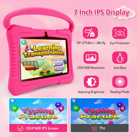 Veidoo 7" 32GB Android Kids Tablet with 2GB RAM, 32GB ROM, Safety Eye Protection Screen, Parental Control APP, Silicone Case (Pink)